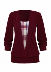 Plaid Fake 2in1 Wine Red Square Neck Sweatshirt