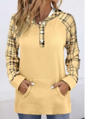 Plaid Patchwork Light Yellow Long Sleeve Hoodie