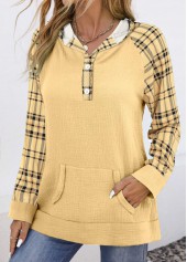 Plaid Patchwork Light Yellow Long Sleeve Hoodie