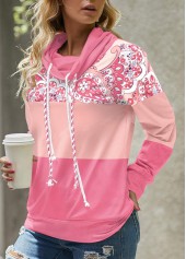 Tribal Print Patchwork Pink Cowl Neck Sweatshirt