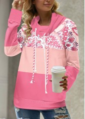 Tribal Print Patchwork Pink Cowl Neck Sweatshirt