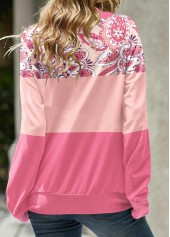 Tribal Print Patchwork Pink Cowl Neck Sweatshirt