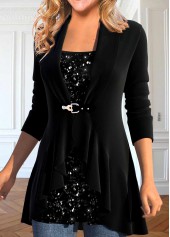 Long Sleeve Shawl Collar Black Fake Two Piece Twinset