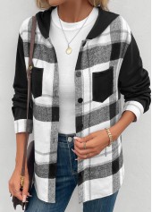Plaid Patchwork Black Long Sleeve Hooded Coat