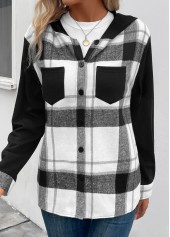 Plaid Patchwork Black Long Sleeve Hooded Coat