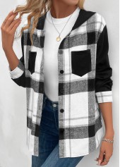 Plaid Patchwork Black Long Sleeve Hooded Coat
