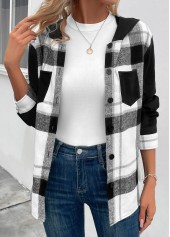 Plaid Patchwork Black Long Sleeve Hooded Coat