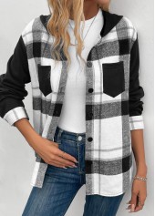 Plaid Patchwork Black Long Sleeve Hooded Coat