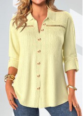 Light Yellow Shirt Collar Lace Long Sleeve Blouse