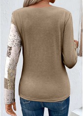 Patchwork Asymmetry Light Camel Scoop Neck T Shirt