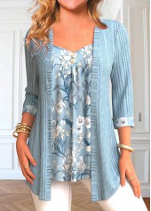Floral Print Patchwork Dusty Blue Fake Two Piece Twinset