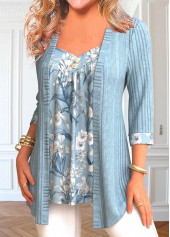 Floral Print Patchwork Dusty Blue Fake Two Piece Twinset