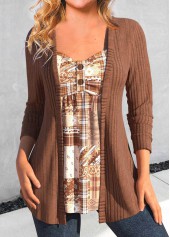 Geometric Print Button Dark Coffee T Shirt