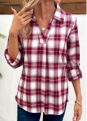 Plaid Split Wine Red Long Sleeve Blouse