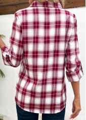 Plaid Split Wine Red Long Sleeve Blouse