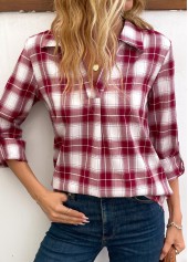 Plaid Split Wine Red Long Sleeve Blouse