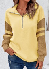 Light Yellow Turn Down Collar Zipper Sweatshirt