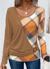 Plaid Layered Dark Coffee Round Neck T Shirt
