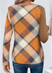 Plaid Layered Dark Coffee Round Neck T Shirt