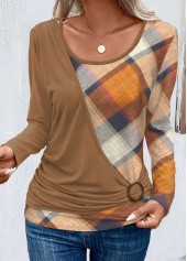 Plaid Layered Dark Coffee Round Neck T Shirt