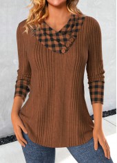 Plaid Patchwork Light Coffee Asymmetrical Neck Sweatshirt