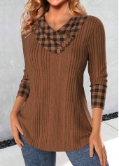 Plaid Patchwork Light Coffee Asymmetrical Neck Sweatshirt