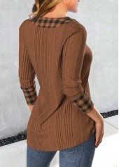 Plaid Patchwork Light Coffee Asymmetrical Neck Sweatshirt