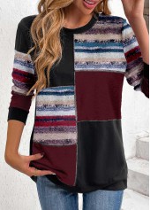 Geometric Print Patchwork Black Round Neck Sweatshirt