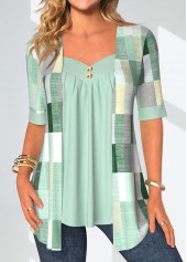 Geometric Print Patchwork Mint Green Fake Two Piece Twinset