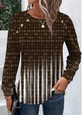 Ombre Button Dark Camel Round Neck T Shirt