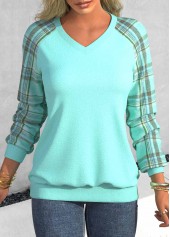 Plaid Patchwork Cyan V Neck Long Sleeve Sweatshirt
