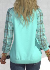 Plaid Patchwork Cyan V Neck Long Sleeve Sweatshirt