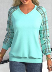 Plaid Patchwork Cyan V Neck Long Sleeve Sweatshirt
