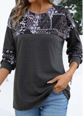 Tribal Print Patchwork Dark Grey Round Neck T Shirt