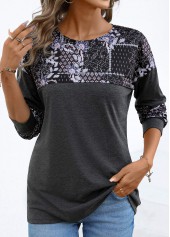Tribal Print Patchwork Dark Grey Round Neck T Shirt