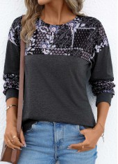 Tribal Print Patchwork Dark Grey Round Neck T Shirt