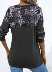Tribal Print Patchwork Dark Grey Round Neck T Shirt