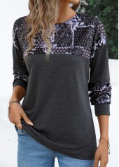 Tribal Print Patchwork Dark Grey Round Neck T Shirt