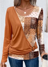 Patchwork Asymmetry Orange Scoop Neck T Shirt