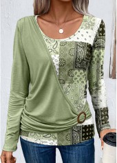 Patchwork Asymmetry Light Green Scoop Neck T Shirt