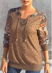 Tribal Print Lace Up Dark Camel T Shirt