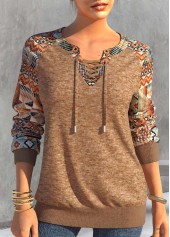 Tribal Print Lace Up Dark Camel T Shirt