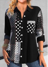 Polka Dot Asymmetry Black Shirt Collar Blouse