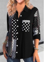 Polka Dot Asymmetry Black Shirt Collar Blouse
