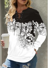 Floral Print Eyelet Black Cowl Neck Long Sleeve Sweatshirt