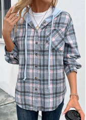 Plaid Drawstring Blue Long Sleeve Hooded Coat