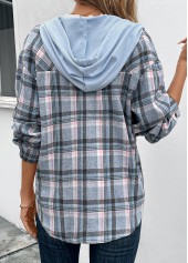 Plaid Drawstring Blue Long Sleeve Hooded Coat