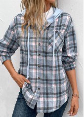 Plaid Drawstring Blue Long Sleeve Hooded Coat