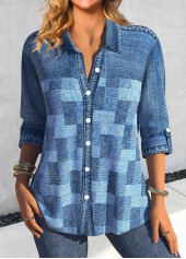 Denim-effect Print Patchwork Denim Blue Shirt Collar Blouse