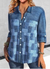 Denim-effect Print Patchwork Denim Blue Shirt Collar Blouse
